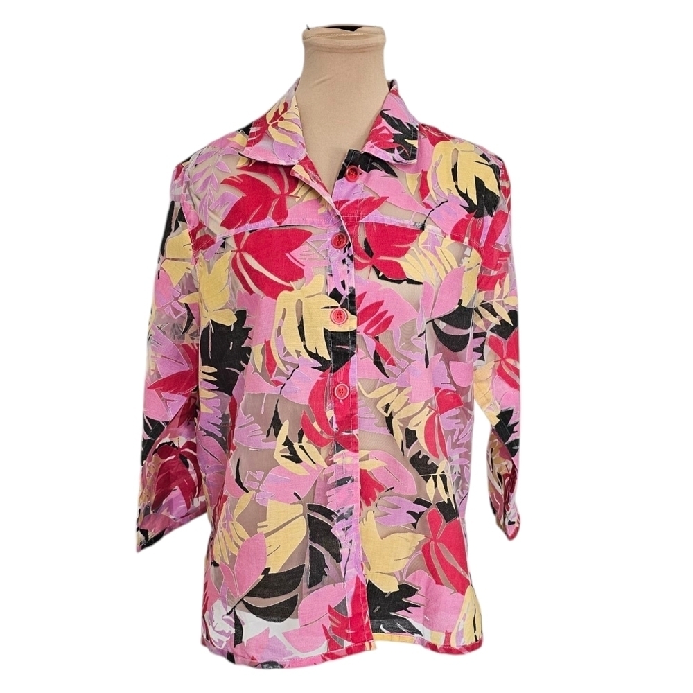 Willow Bay Button Down Floral Sheer Shirt Top Sz L